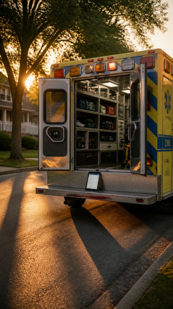Open ambulance with organized EMS equipment and a tablet